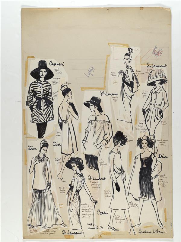 Modetekening van tuniek Capucci, cocktailjurk Dior, tuniek, cocktailjurk en ensemble Saint Laurent,…