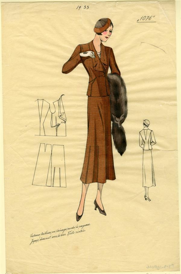 No. 1076 'Costume tailleur en lainage mode à rayures. Jupe s'évasant vers le bas. Veste cintrée'