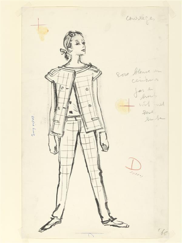 Modetekening van trois-pièces Courrèges, bestaande uit jasje, blouse en pantalon