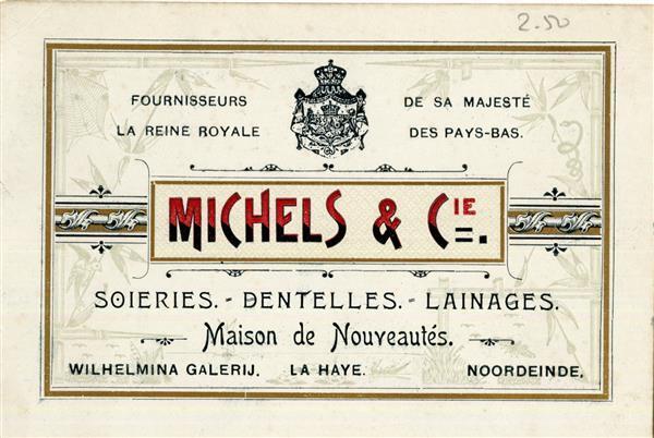 Reclamekaartje Michels & Cie Wilhelmina galerij