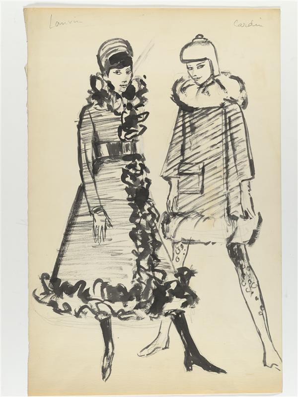Modetekening van mantel Cardin en mantel Lanvin