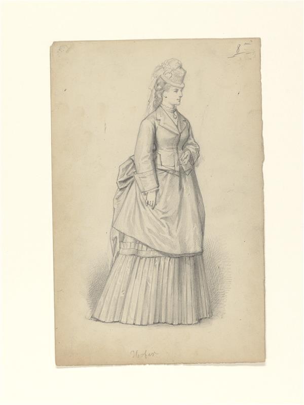 Modetekening van vrouwfiguur in jurk of blouse met polonaise-achtige overrok, jakje en hoed