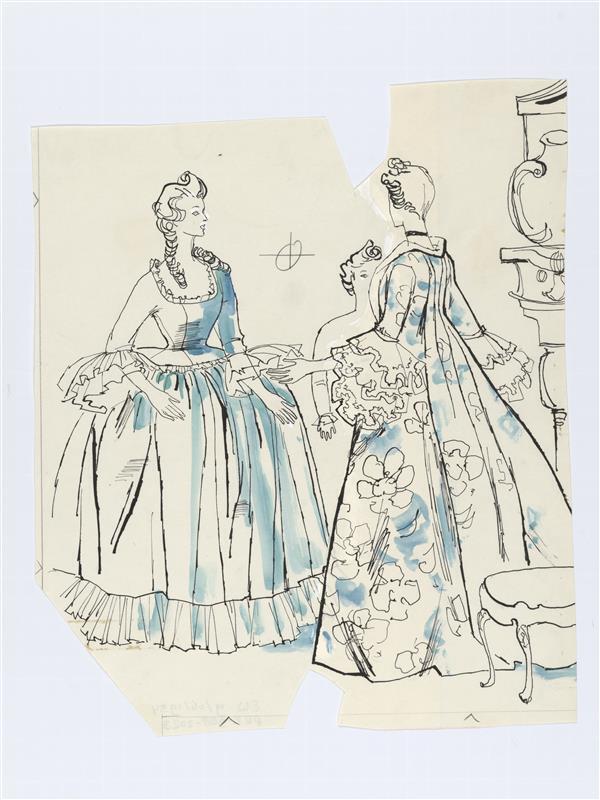 Illustratie van twee achttiende-eeuwse kostuums op tentoonstelling