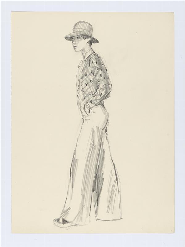 Modeltekening van staande vrouw in jasje en broek