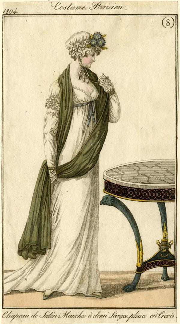 Costume Parisien 'Chapeau de Satin. Manches à demi Larges, plisses en Crevés'