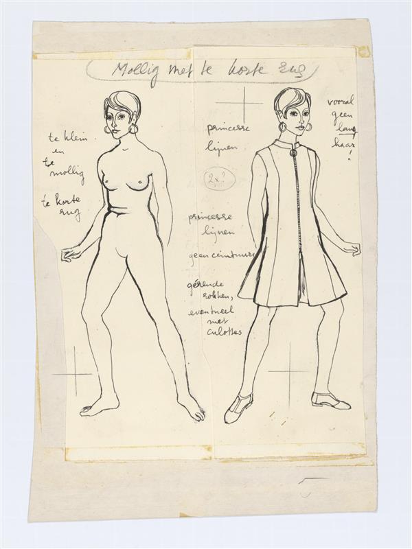 Illustratie van twee staande vrouwen in spiegelbeeld, linkervrouw naakt, rechtervrouw in jurk