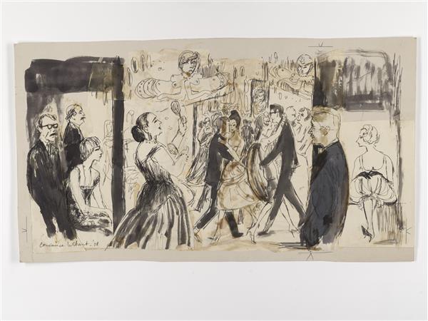 Illustratie van balzaal met dansende mensen in avondkleding