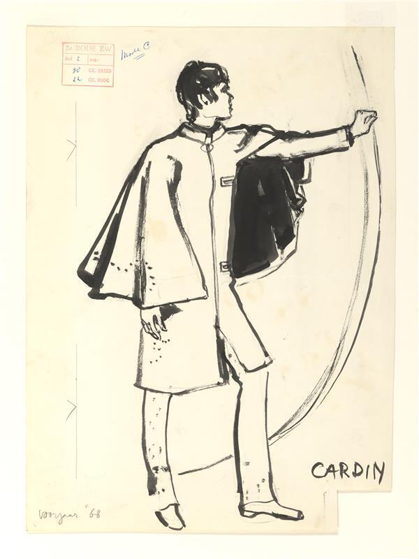 Modetekening van ensemble Cardin, bestaande uit broek en mantel