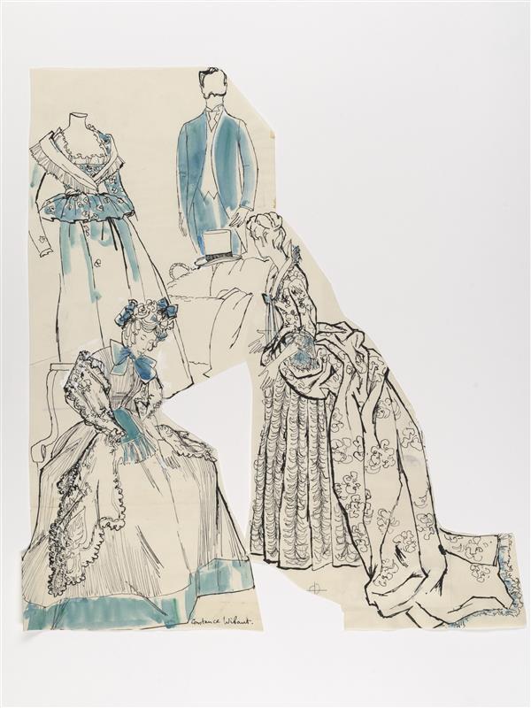 Illustratie van vier negentiende-eeuwse kostuums op tentoonstelling in Prinsenhof