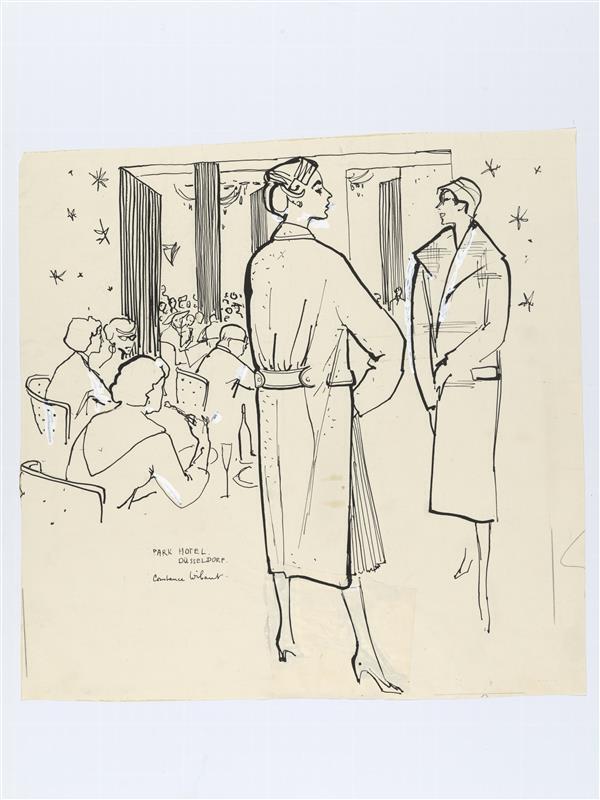 Illustratie van twee mannequins in mantels tijdens modeshow