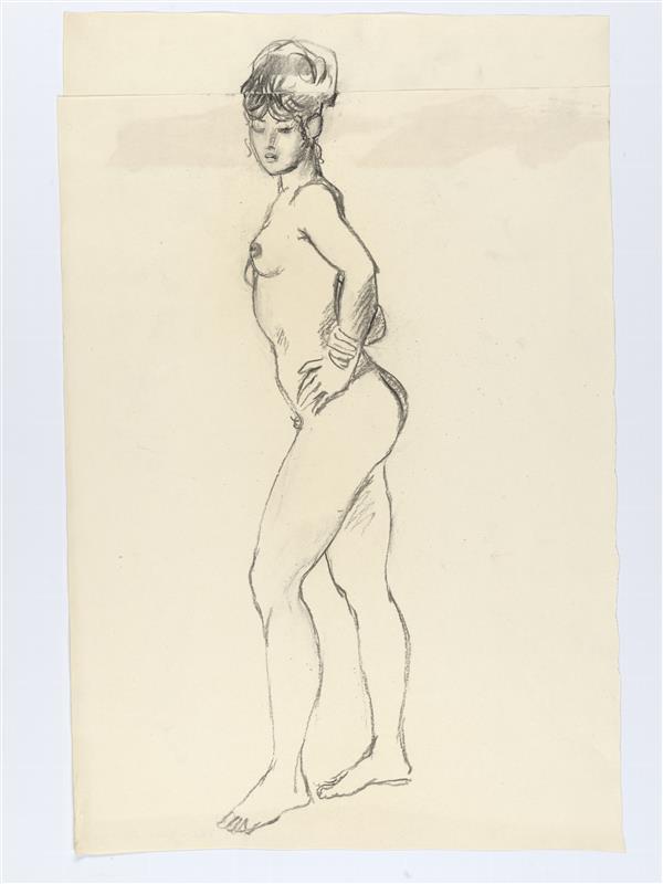 Modeltekening van staande naakte vrouwfiguur