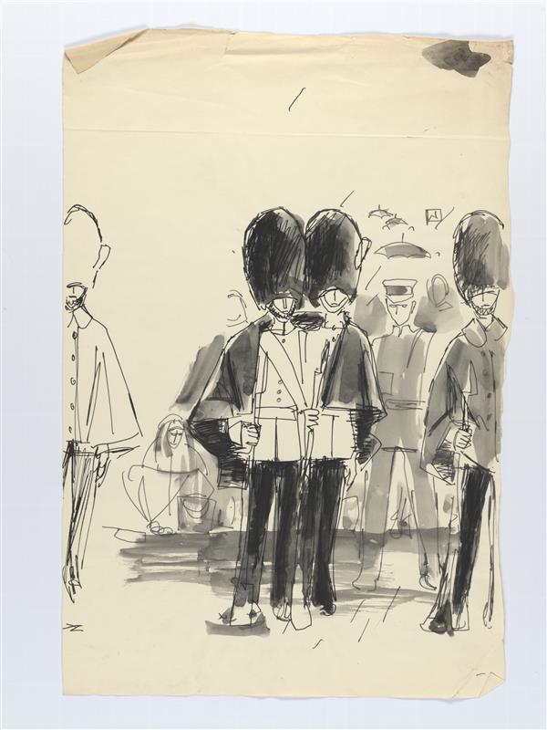 Illustratie van vier guardsmen, marinier en toeschouwers