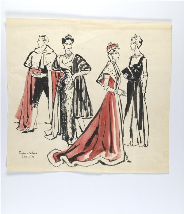 Illustratie van baron in 'black suit' en drie vrouwen in jurken van o.a. Worth en Peter Russell
