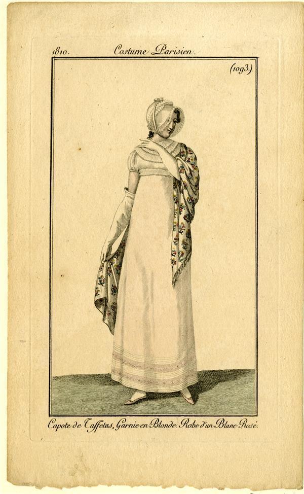 Costume Parisien 'Capote de Taffetas. Garnie en Blonde. Robe d'un Blanc Rosé'