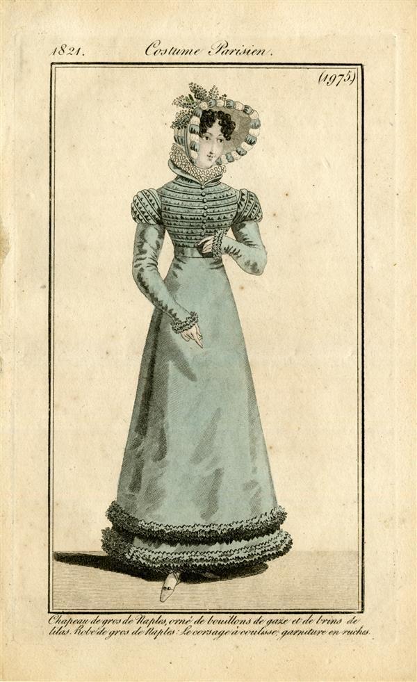 Costume Parisien 'Chapeau de gros de Naples, orné de bouillons de gaze et de brins de lilas. Robe…