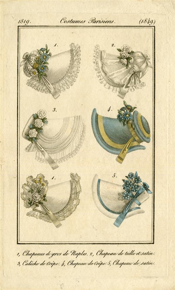 Costumes Parisiens '1. Chapeau de Gros de Naples, 2. Chapeaux de tulle et de satin, 3. Calèche de…