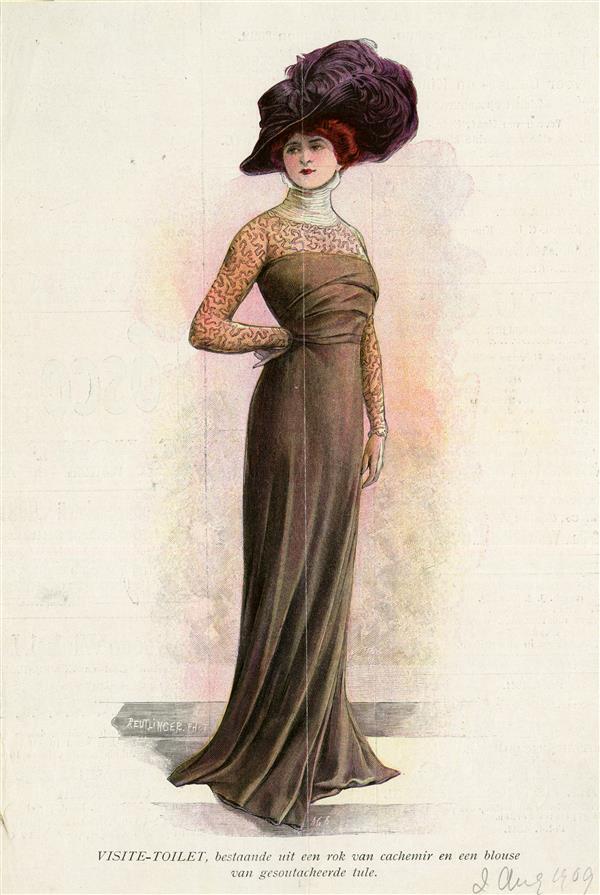 Visite-toilet, bestaande uit een rok van cachemir en een blouse van gesoutacheerde tulle