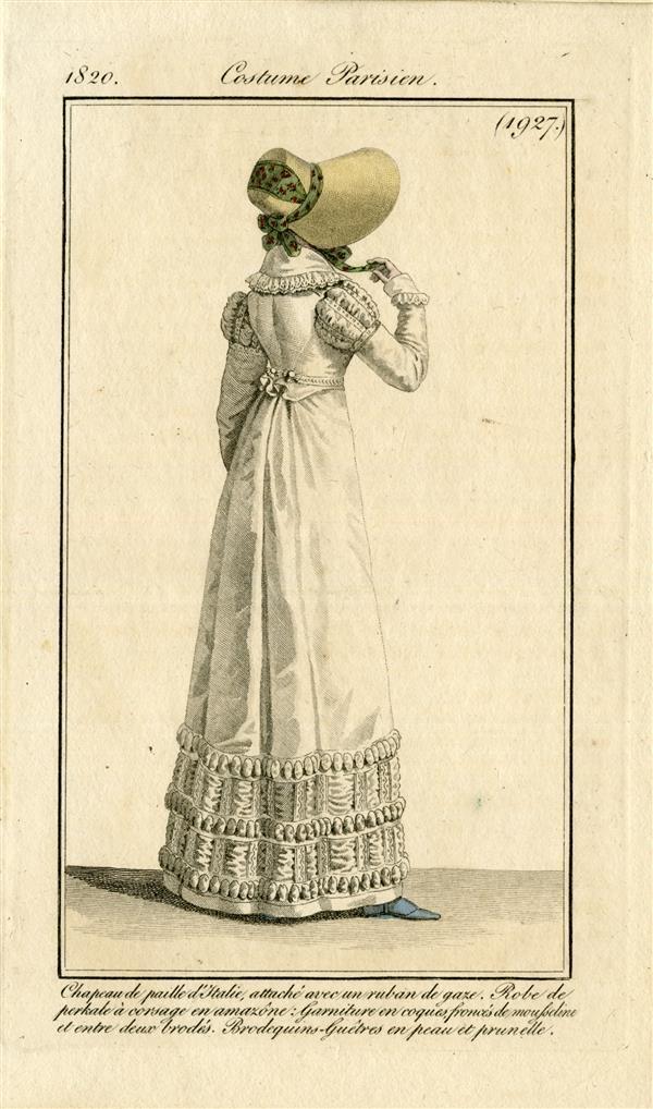 Costume Parisien 'Chapeau de paille d'Italie, attaché avec un ruban de gaze. Robe de perkale à…