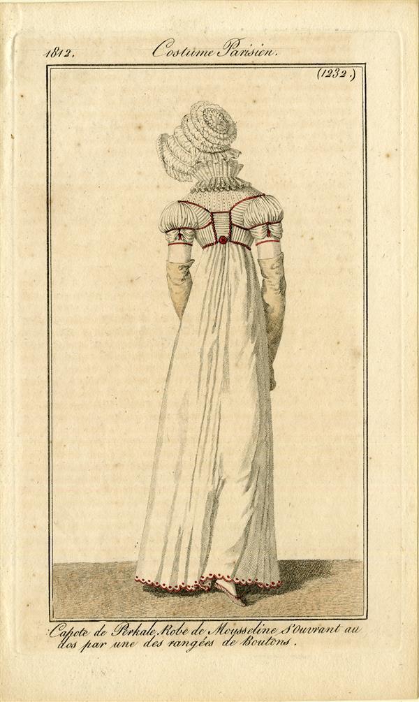 Costume Parisien 'Capote de Perkale. Robe de Mousseline s'ouvrant au dos par une des rangées de…