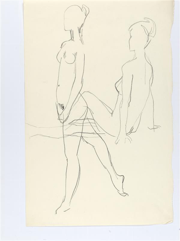 Modeltekening van twee naakte vrouwfiguren