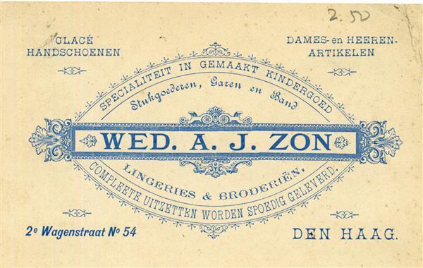 Reclamekaartje firma A.J. De Zon