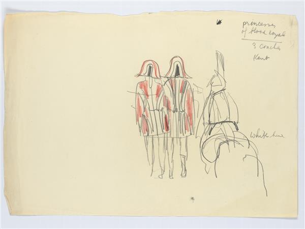 Illustratie van drie guards te paard met klokvormige hoeden