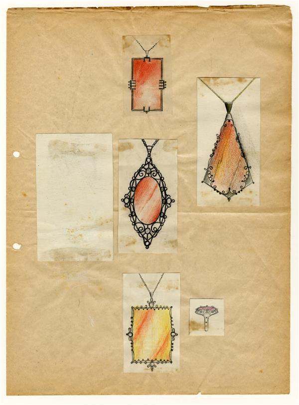 Op dun papier geplakte rechthoekige ontwerptekeningen van 3 rechthoekige hangers, 1 hanger in de…
