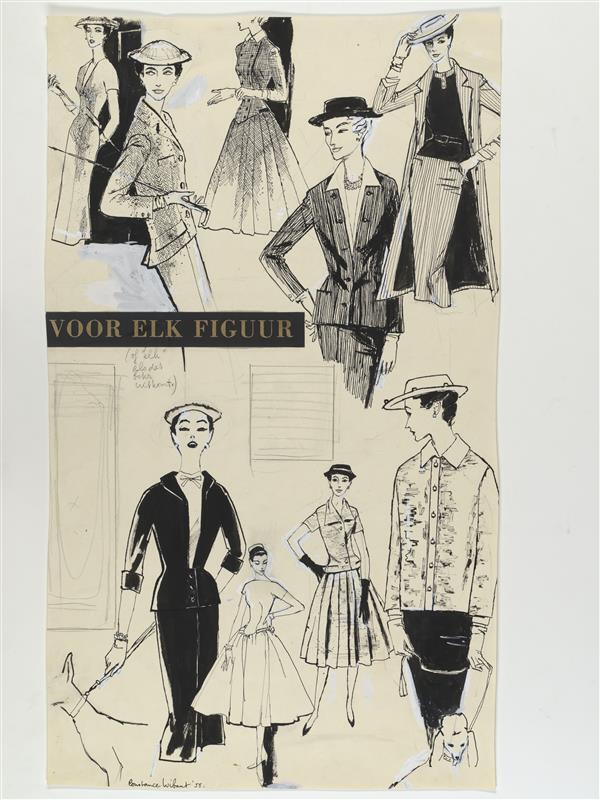 Modetekening van deux-pièces Dior, jurk Balmain, deux-pièces Fath, mantel en japon Balmain en jurk…
