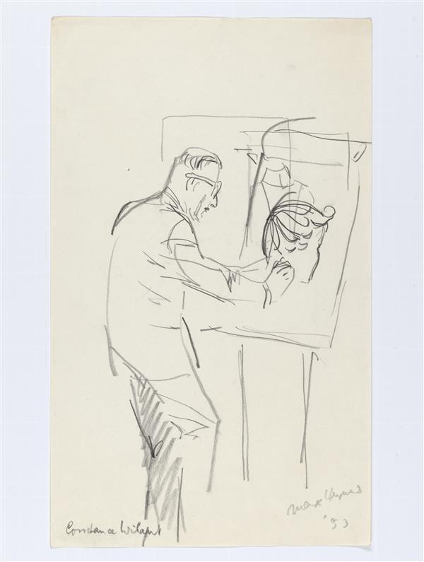 Illustratie van Max Heymans, afgebeeld achter tekenstandaard