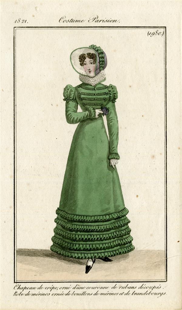 Costume Parisien 'Chapeau de crêpe, orné d'une couronne de rubans découpés. Robe de mérinos ornée…