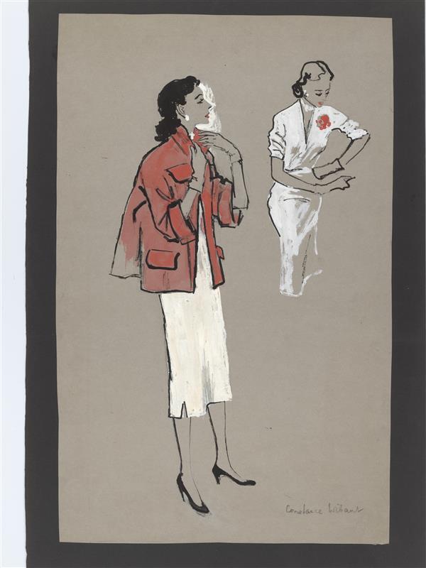Modetekening van vrouw in witte jurk met rood jasje en vrouw in witte jurk
