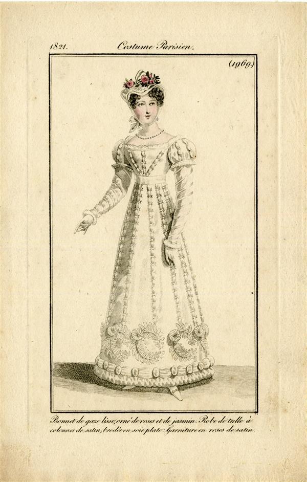 Costume Parisien 'Bonnet de gaze lisse, orné de roses et de jasmin. Robe de tulle à colonnes de…