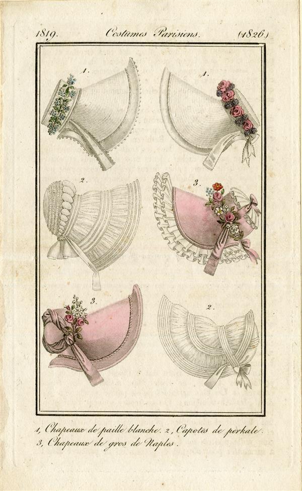 Costumes Parisiens '1. Chapeaux de paille blanche; 2. Capotes de Perkale, 3. Chapeaux de gros de…