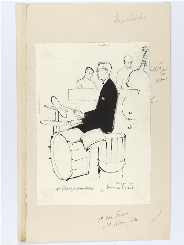 Illustratie van graaf Lennart Bernadotte achter drumstel