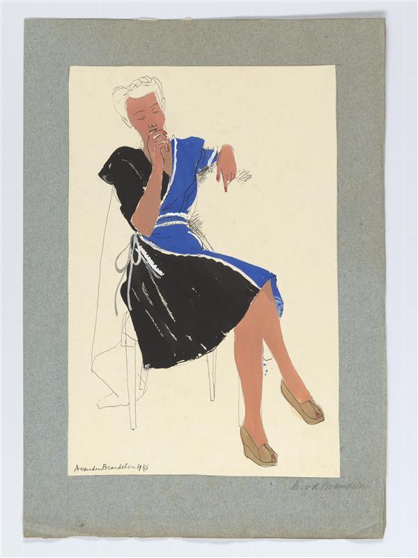Ontwerptekening van mevrouw van Hoey Smith-Bollaard, gekleed in jurk met overslag en strik in blauw…