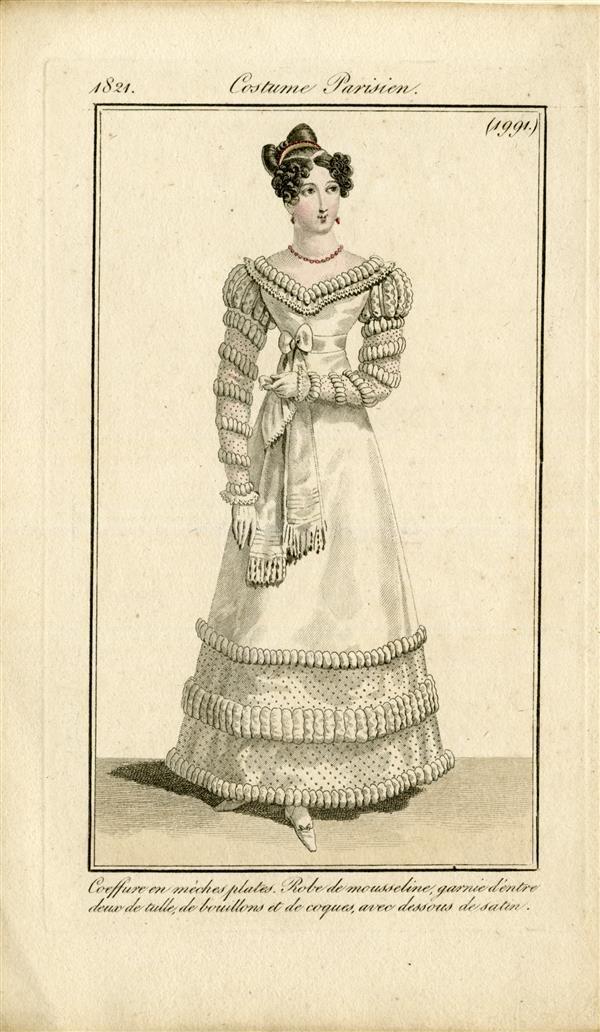 Costume Parisien 'Coeffure en mèches plates. Robe de mousseline, garnie d'entre deux de tulle, de…