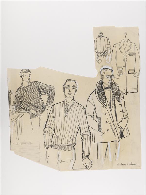 Illustratie van drie mannen, jas en vest op achtergrond