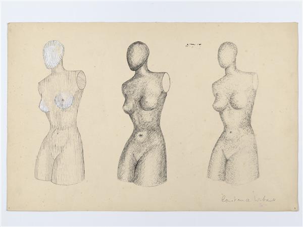 Tekening van drie vrouwentorsen met gestileerd hoofd