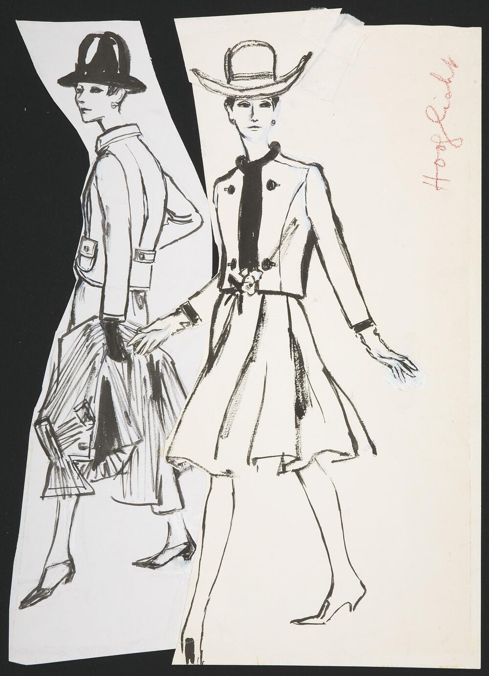 Modetekening van trois-pièces Dior en trois-pièces Patou