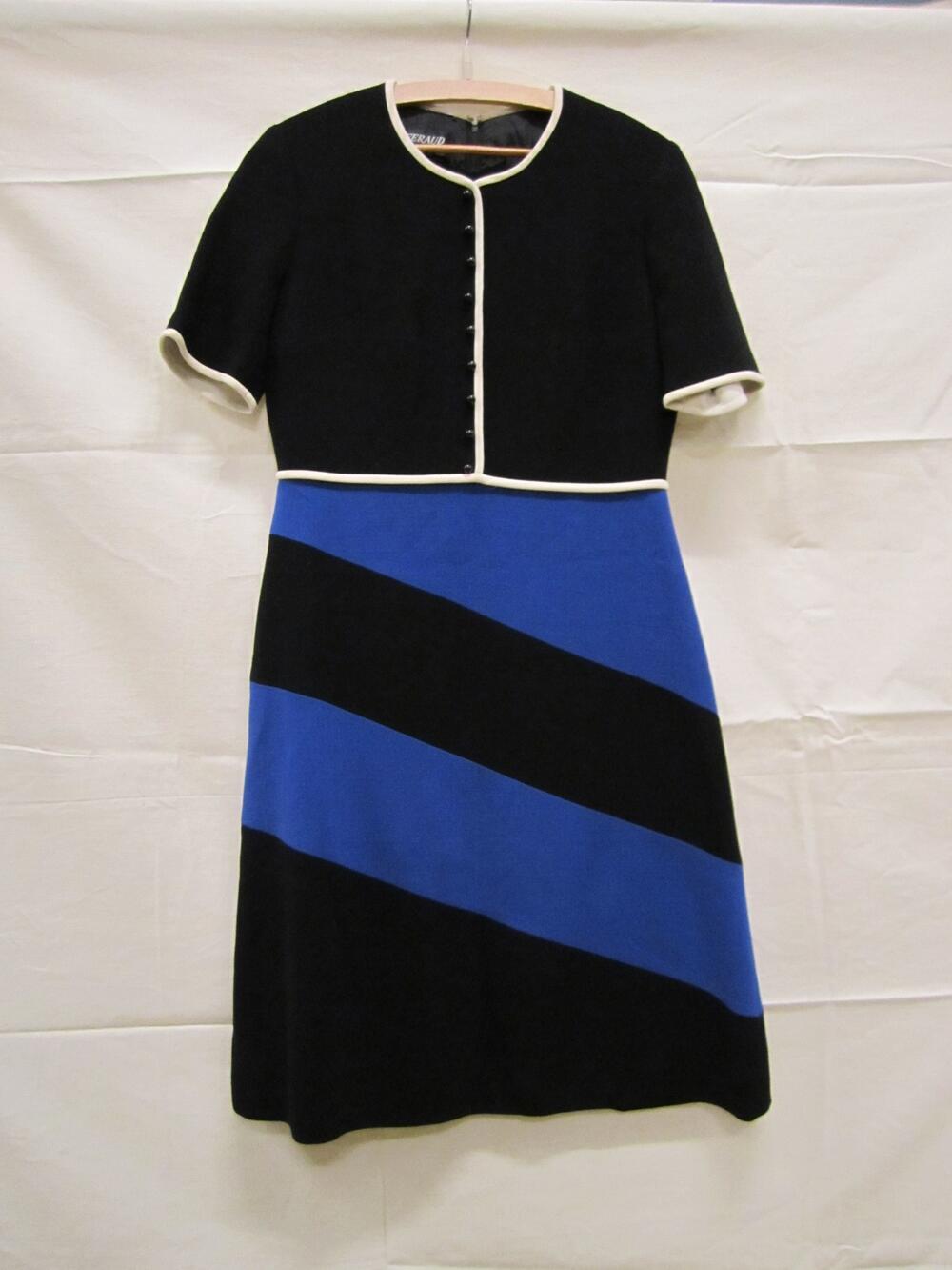Mini-jurk van zwarte en blauwe wollen crêpe