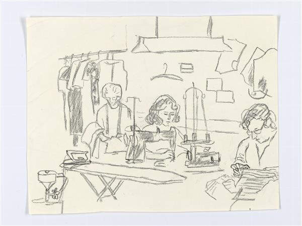 Illustratie van drie vrouwen in naai-atelier
