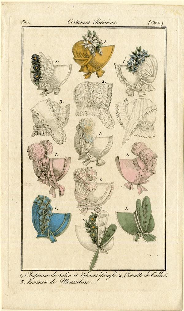 Costumes Parisiens '1. Chapeaux de Satin et Velours éplingé. 2, Cornette de Tulle. 3, Bonnets de…