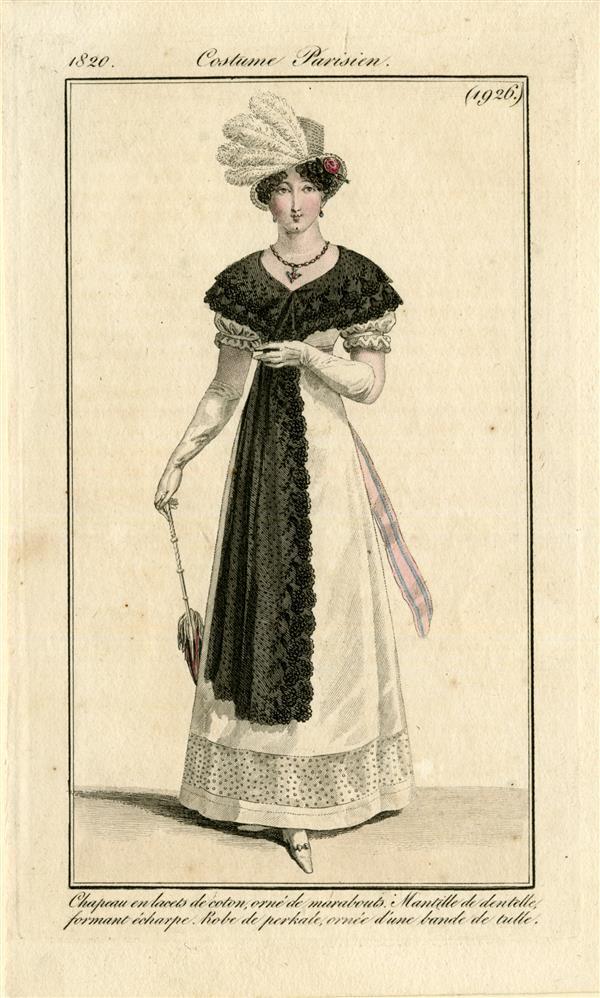 Costume Parisien 'Chapeau en lacets de coton, orné de marabouts. Mantille de dentelle, formant…