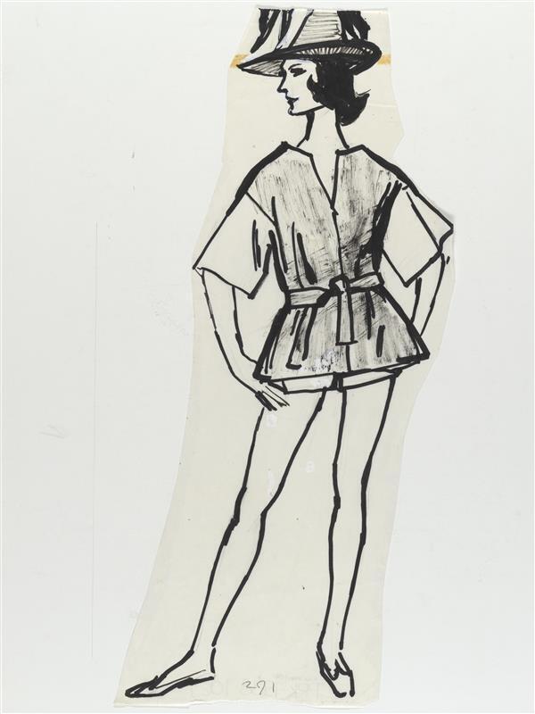 Modetekening van deux-pièces Galitzine, bestaande uit kimono en korte broek