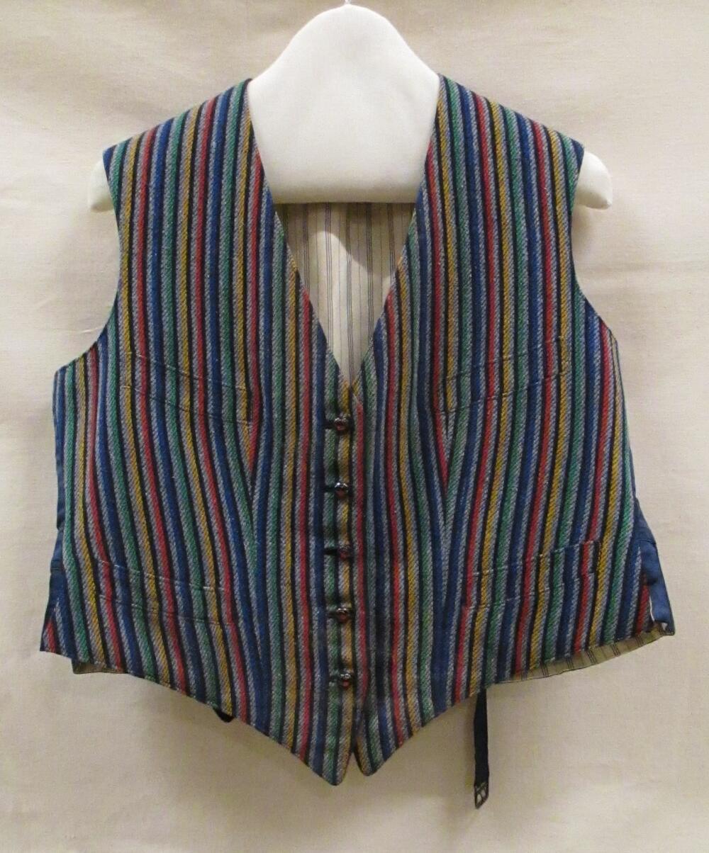 Vest (man) van wolweefsel met verticale strepen in de kleuren blauw (drie verschillende), groen,…