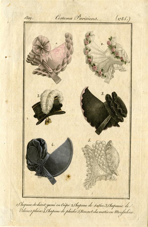 Costumes Parisiens 'Chapeau de duvet, garni en crêpe, chapeau de satin, chapeaux de Velours plein,…