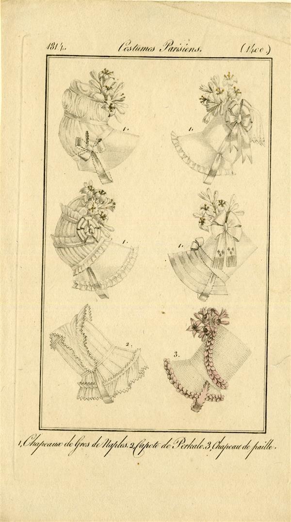 Costumes Parisiens '1. Chapeau de Gros de Naples; 2. Capote de Perkale; 3. Chapeau de Paille'