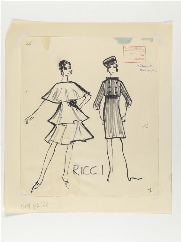 Modetekening van mantelpak Lanvin en jurk Ricci