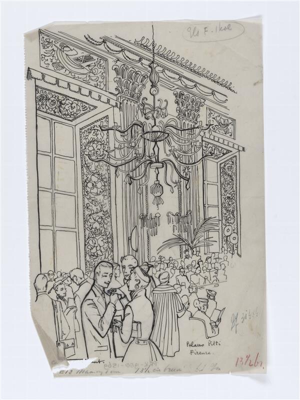 Illustratie van zaal in Palazzo Pitti, gevuld met toeschouwers
