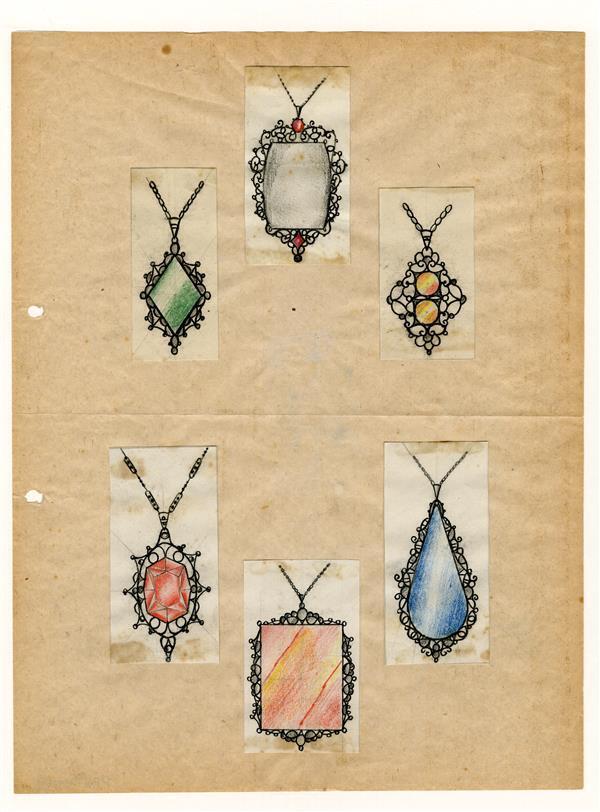 Op dun papier geplakte ontwerptekeningen van 6 hangers, waarvan 2 rechthoekige modellen, 2…